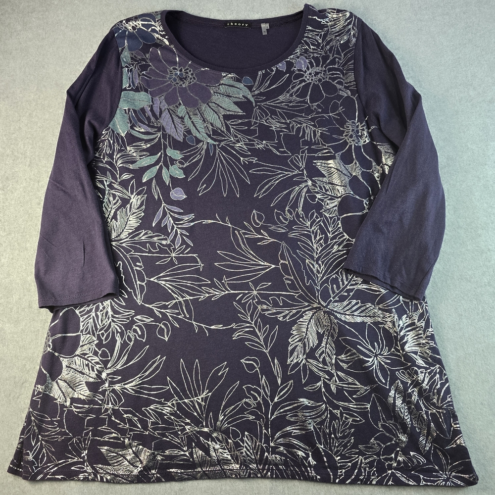 Theory Purple And Silver Floral Top Plus Size 1X Cotton